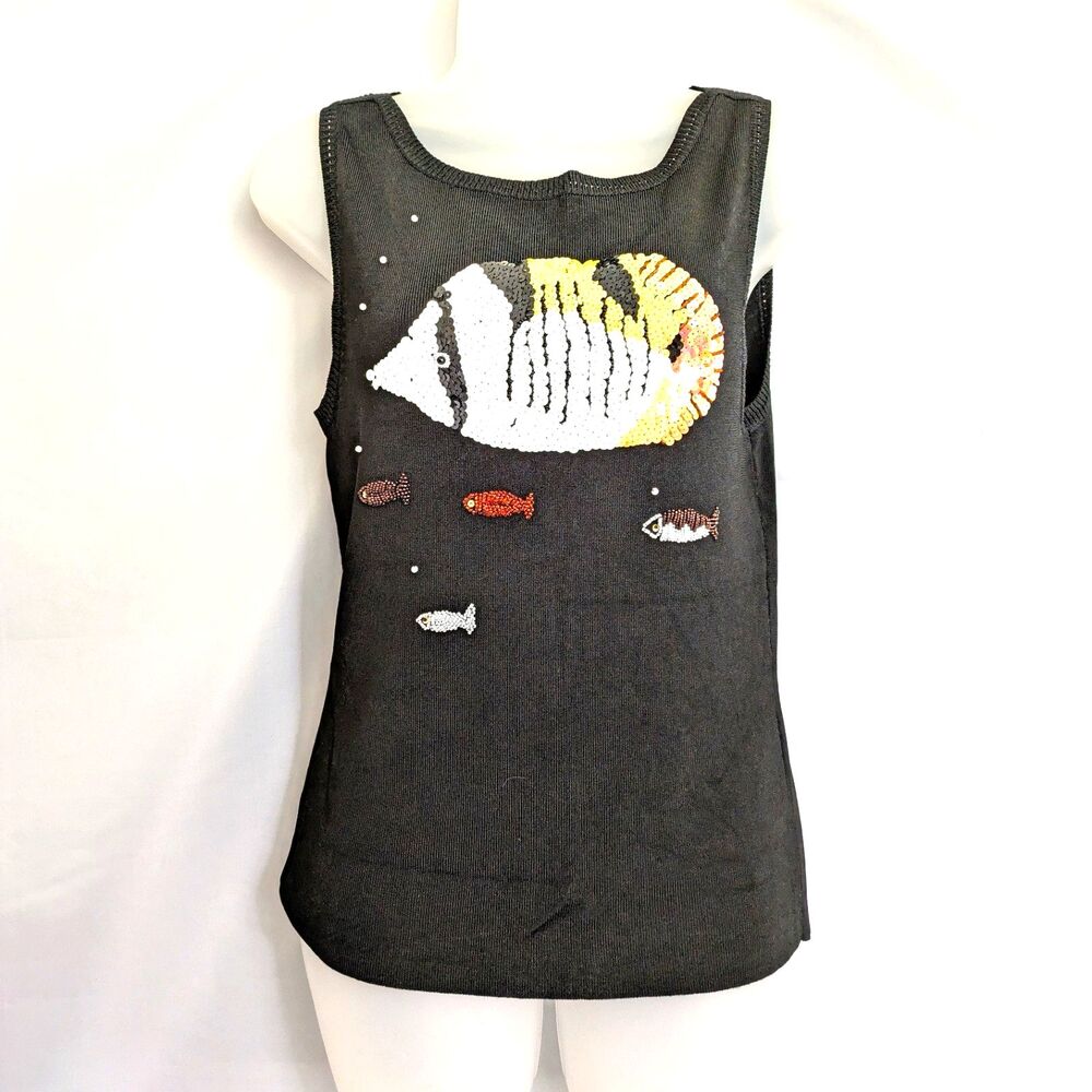 LUCIA BURNS Vintage Knit Tank Top M Black Sequin Beaded Tropical Fish Sea Life
